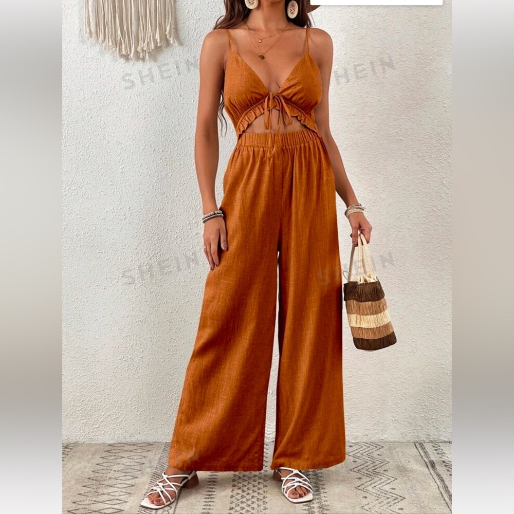 SHEIN VCAY Summer Beach Tie Front Cut Out Linen Wrinkle Easily Cami Jumpsuit szM